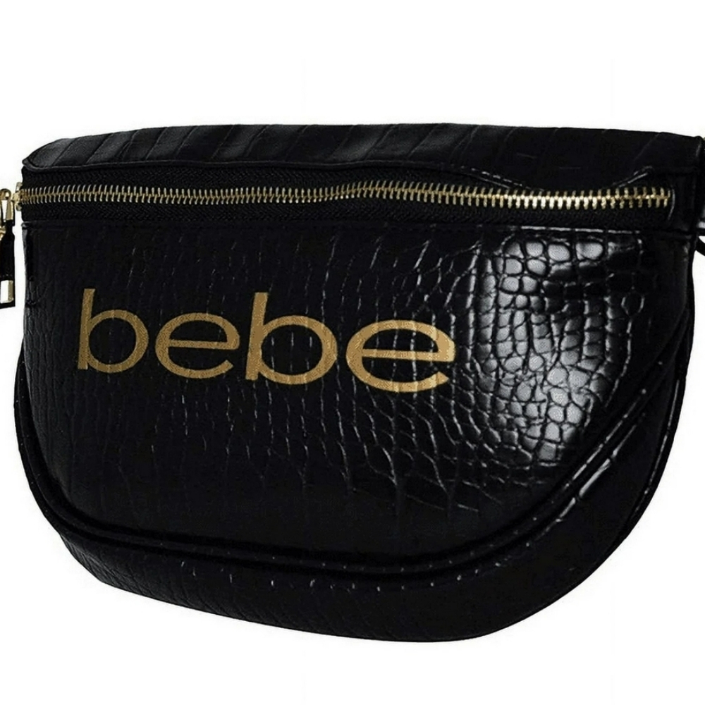 Bebe Black Croc-Embossed Crossbody/Belt Bag with Gold Accents Bebe